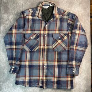 Fivebrother Vintage Quilted Flannel Shirt Jacket Blue Orange Plaid Mens Small